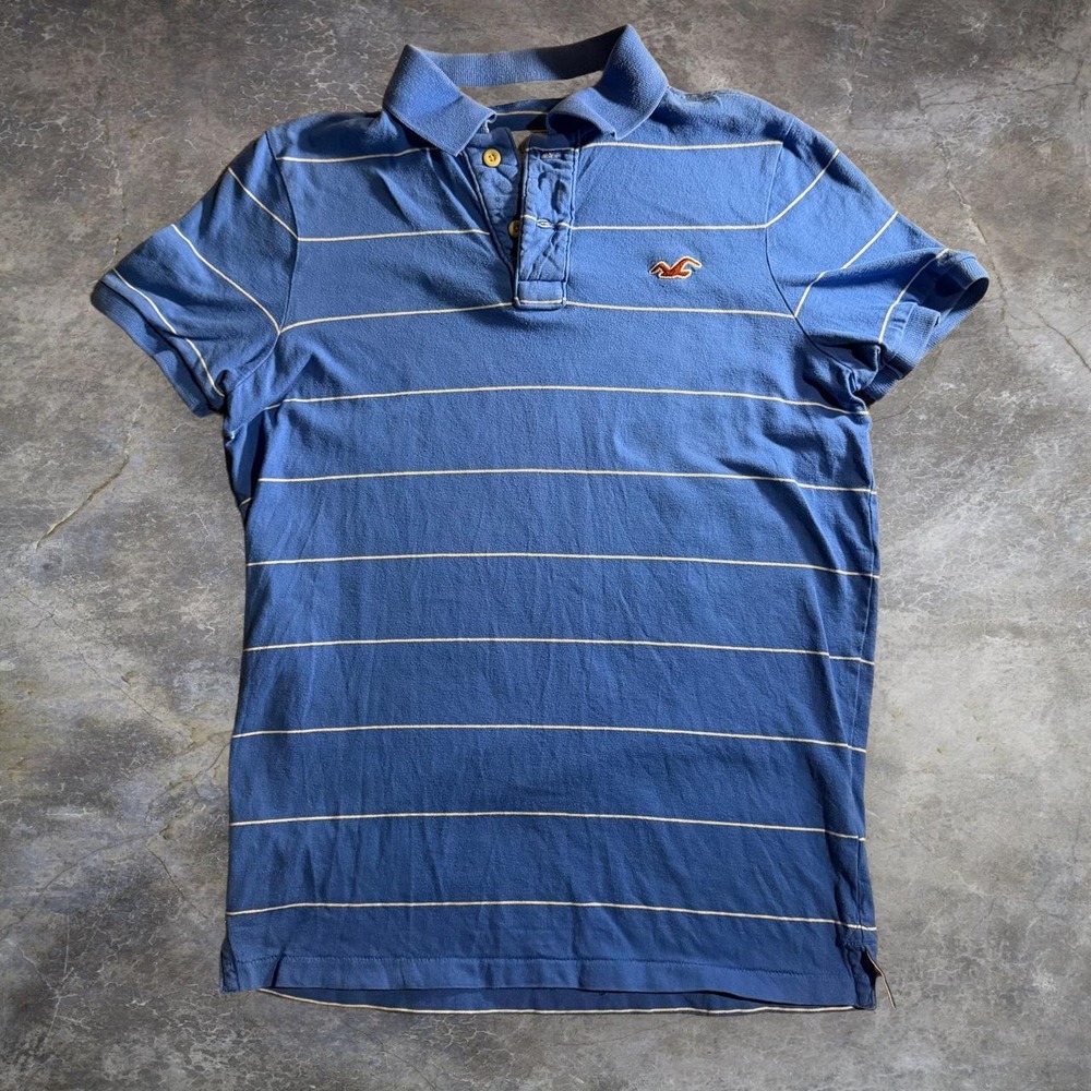 Hollister Co Mens Blue White Striped Polo Shirt Short Sleeve Cotton Vintage L